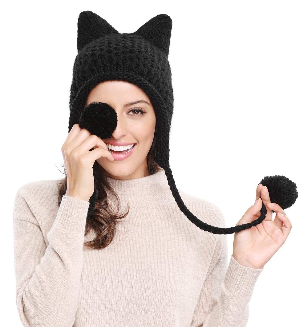 9607 Cat Ears Knit Hat & Tulle Skirt Set - Black - Picture 3 of 7